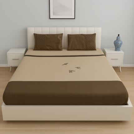 Fitted Bedsheet with Flying Bird Embroidery - Beige & Mocha